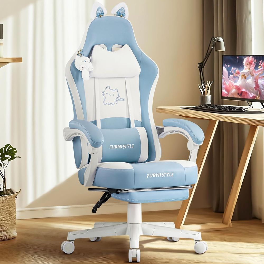 Gaming & Esports District - เก้าอี้เกมมิ่งสีน้ำเงิน/ขาว ออกแบบตามหลักสรีรศาสตร์ พร้อมพนักพิงหลังและฟังก์ชั่นนวดเพื่อความสบายในการเล่นเกม